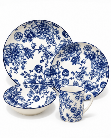 Blue & White Ceramic Floral Dinner Set – 32 Pieces
