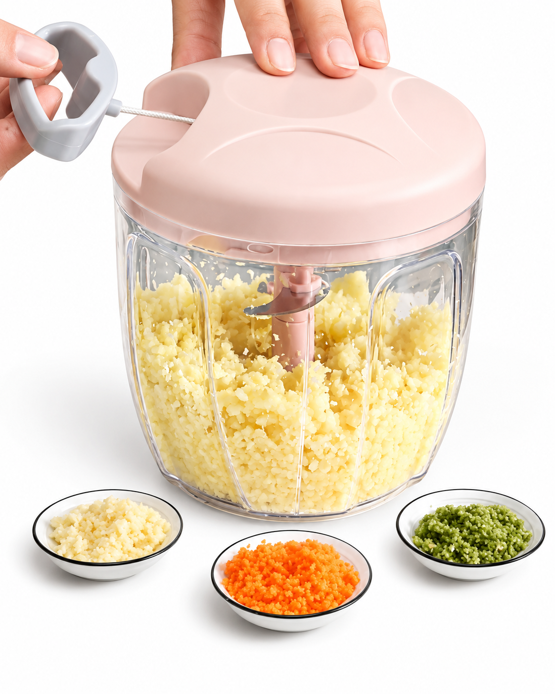 Manual Vegetable Chopper – 3-Blade Pull Cord Food Cutter for Onion, Garlic & Fruits