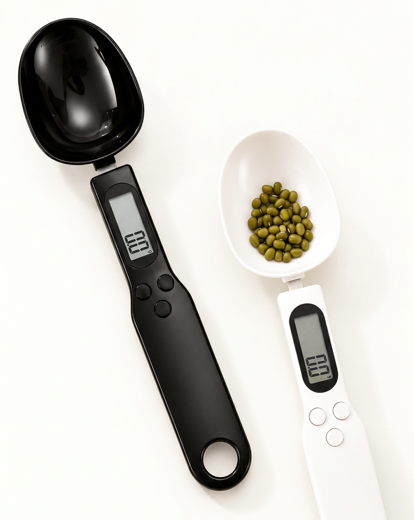 Digital measuring spoon scale with LCD display in black and white for weighing kitchen ingredients in Pakistan