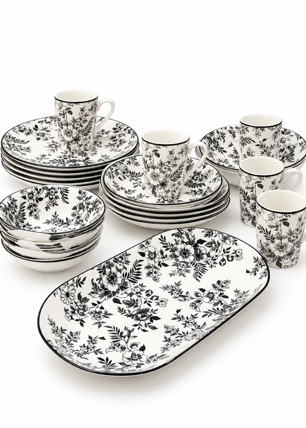 Black & White Floral Ceramic Dinner Set – 32 Pieces