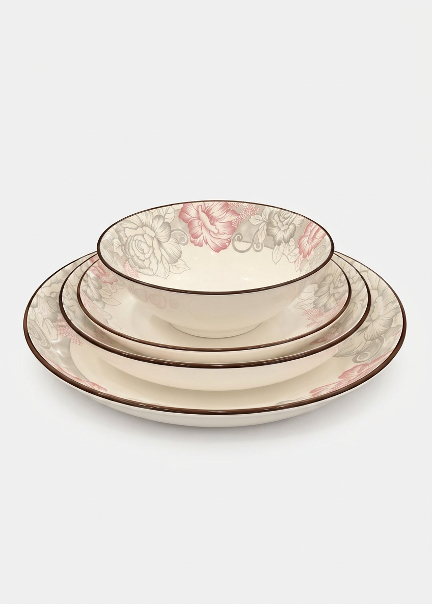 Elegant Grey & Pink Floral Ceramic Dinner Set - 26 pcs
