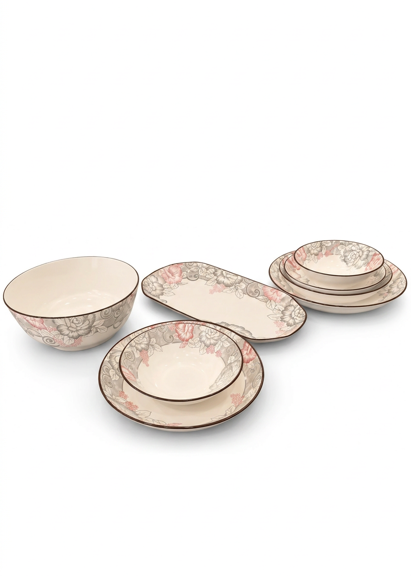 Elegant Grey & Pink Floral Ceramic Dinner Set - 26 pcs