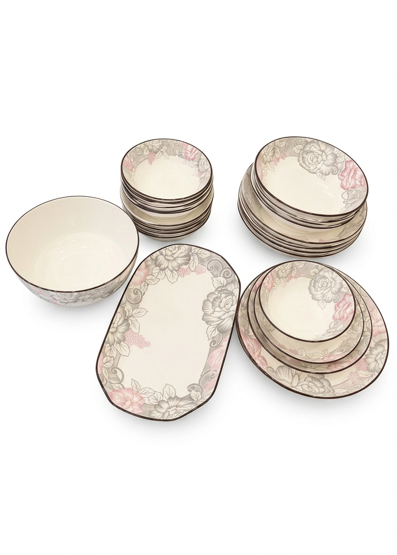 Elegant Grey & Pink Floral Ceramic Dinner Set - 26 pcs