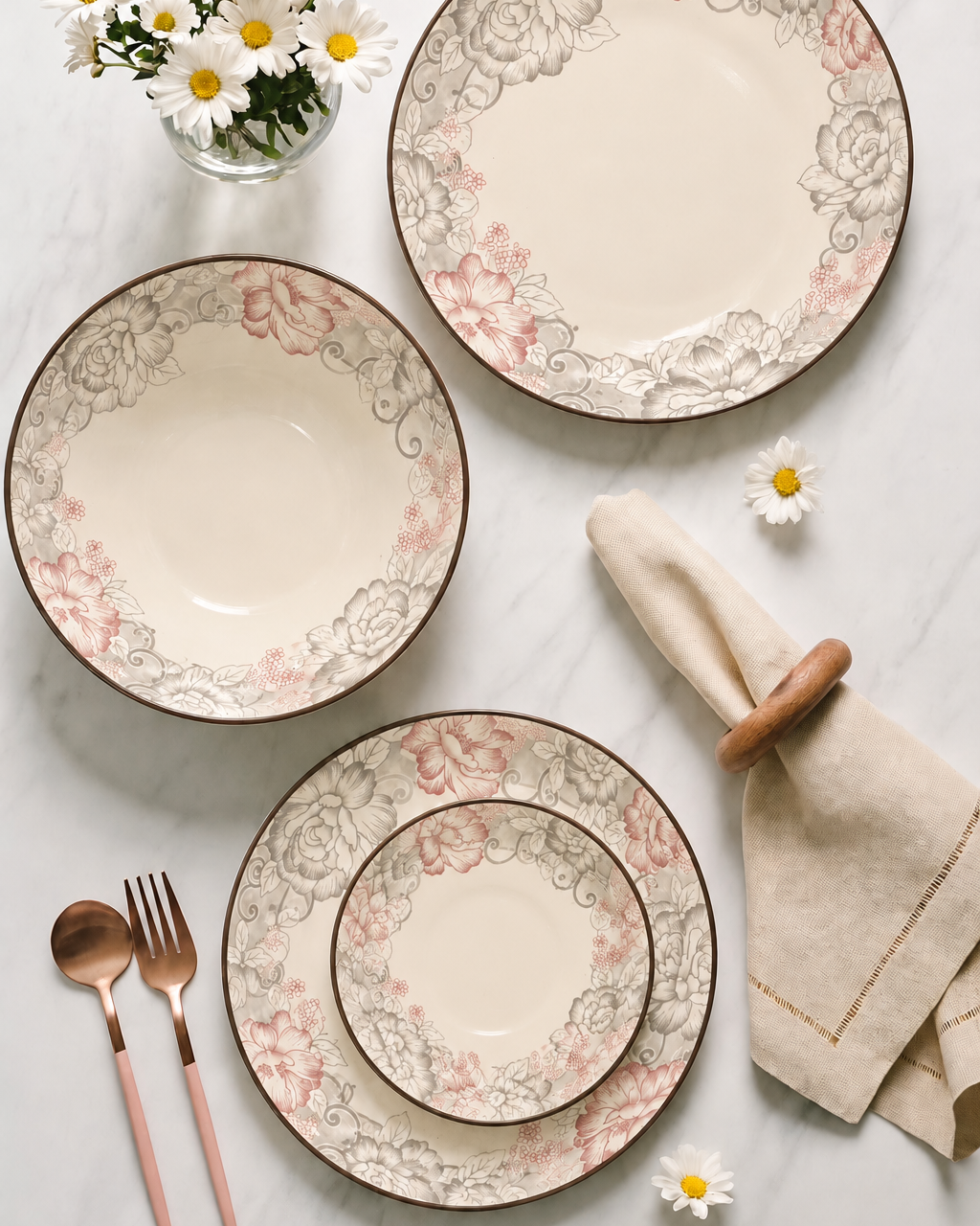 Elegant Grey & Pink Floral Ceramic Dinner Set - 26 pcs