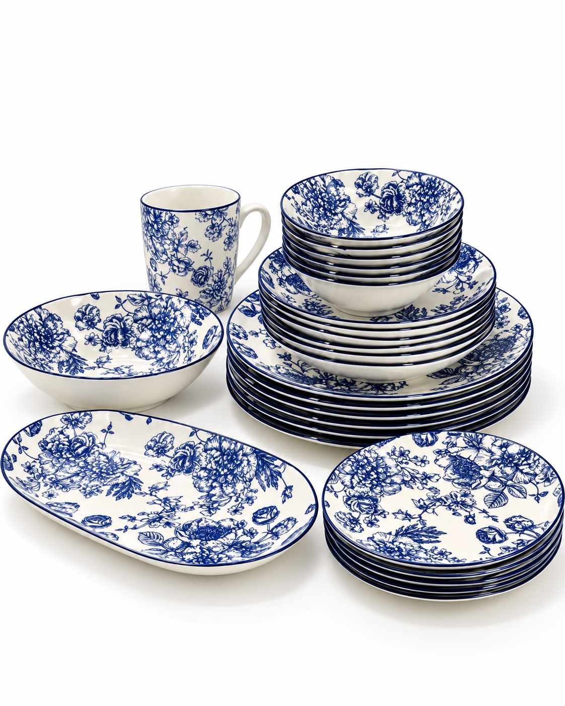 Blue & White Ceramic Floral Dinner Set – 32 Pieces