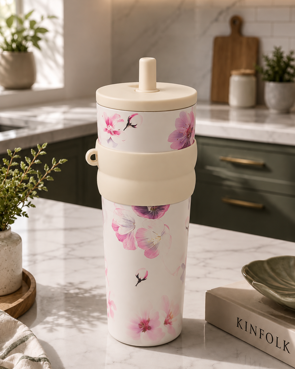 A tall insulated tumbler with a matching lid sits on a marble kitchen counter. The tumbler is white with a pink floral print and a beige silicone band around the middle.