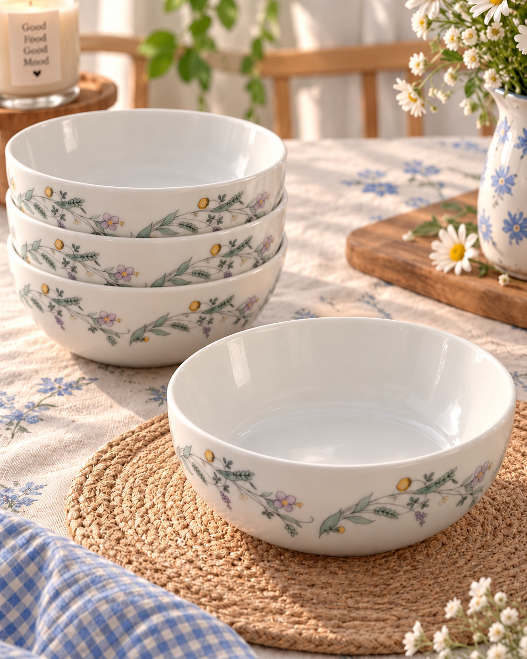 White Floral Ceramic Bowl Set 7 pcs