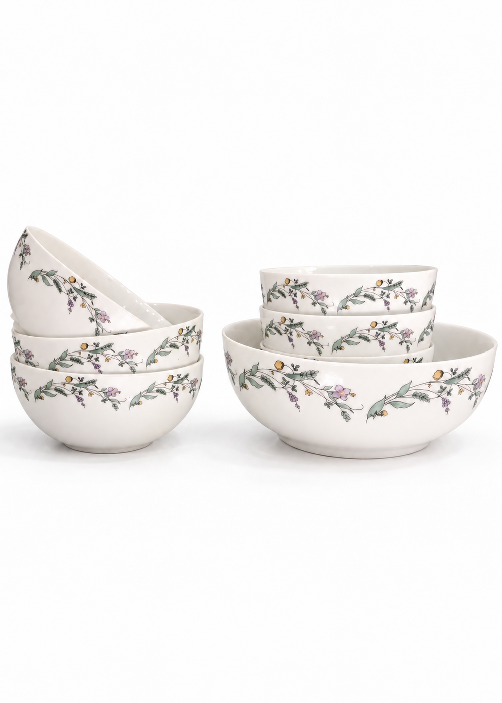 White Floral Ceramic Bowl Set 7 pcs